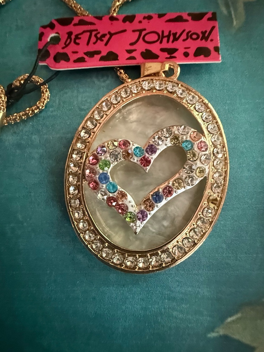 Betsey Johnson Gold-Tone Oval Pendant Necklace with Multicolor Crystal Heart
